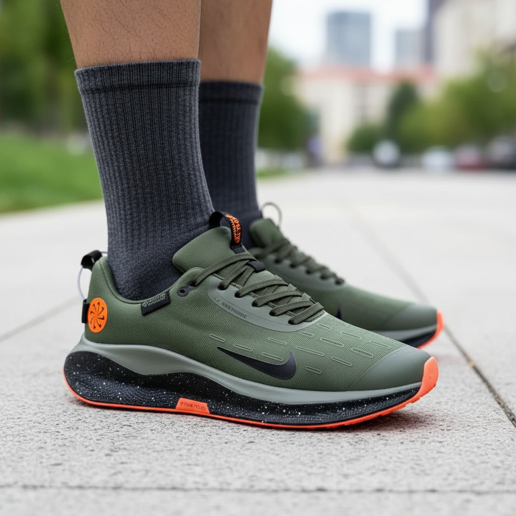 Green running shoes with orange accents worn on a city street.