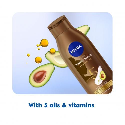 Nivea body lotion with avocado slices and oil droplets on a light blue background