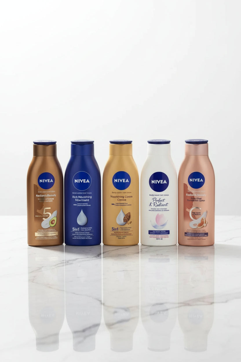 Collection of Nivea body care products on a shelf.