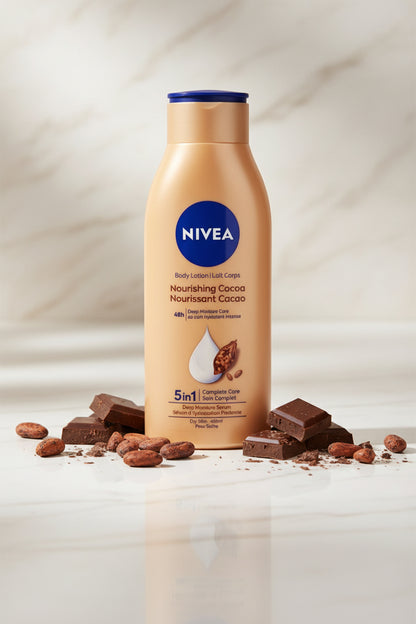 Nivea body lotion bottle on a textured white surface