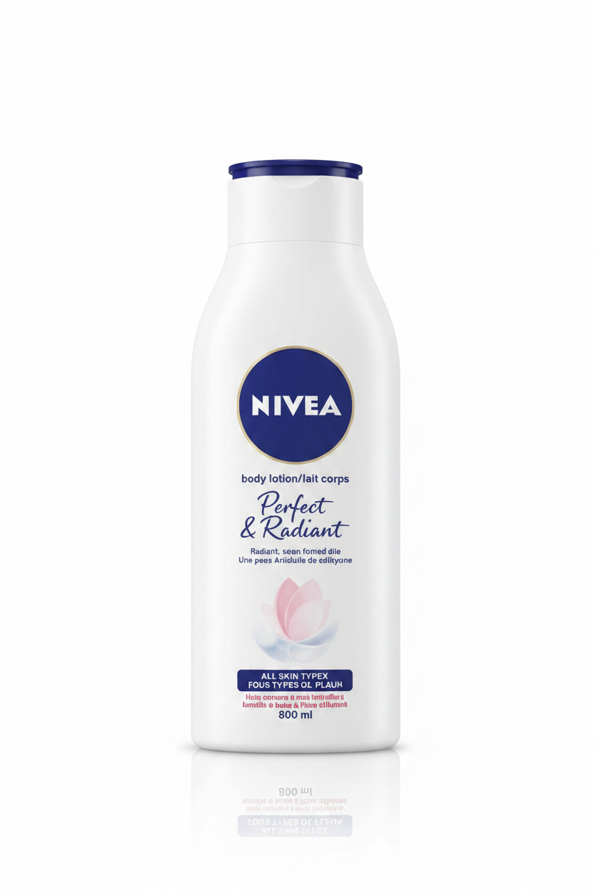 Nivea body lotion bottle with a green leafy background