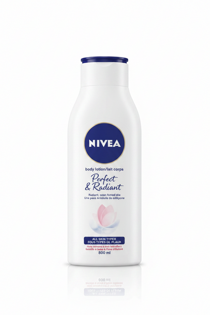 Nivea body lotion bottle with a green leafy background