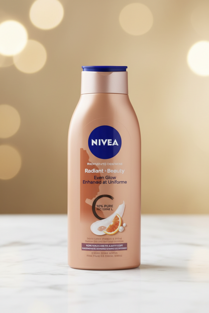 Nivea body lotion bottle with flowers in the background