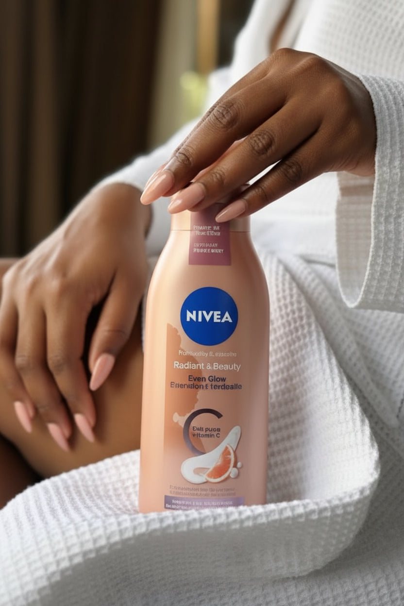 Nivea body wash bottle with a hand holding it, against a neutral background