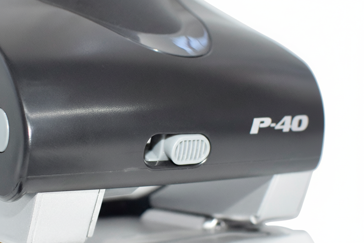 Close-up of a stapler with 'P-40' branding on a white background