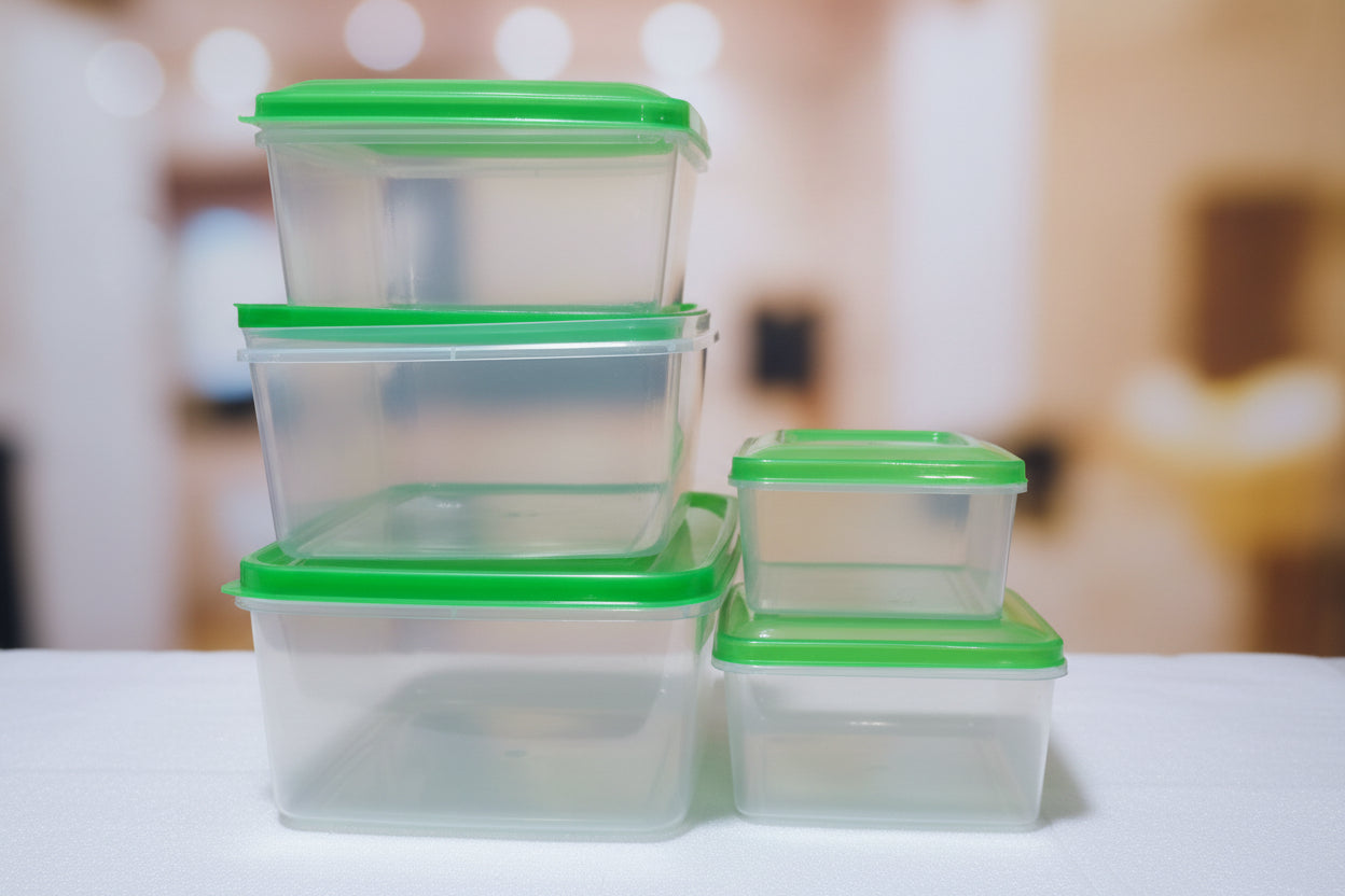 Clear plastic containers with green lids  .
