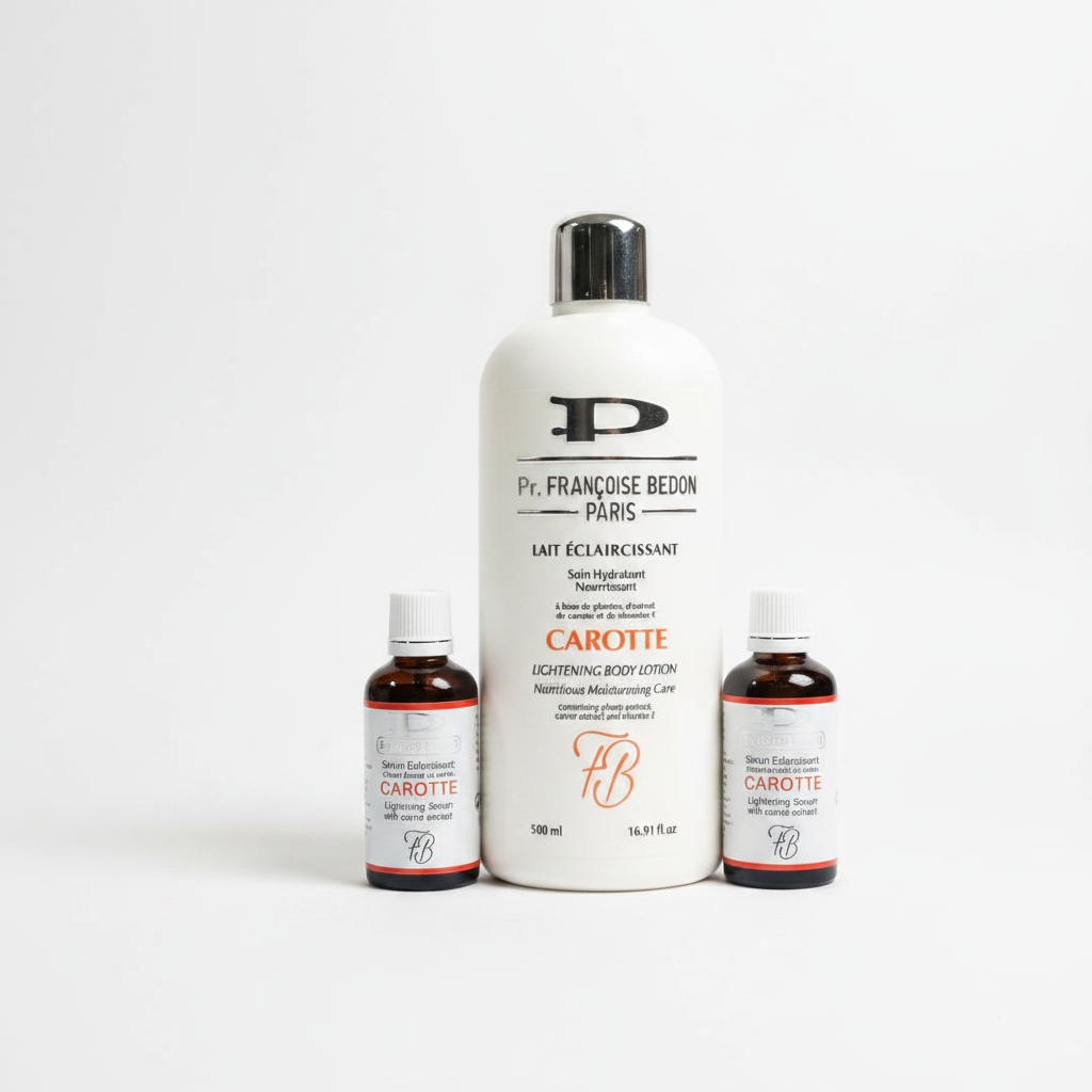 Set of Pr. Francoise Bedon Paris skincare products on a table with shelves in the background.
