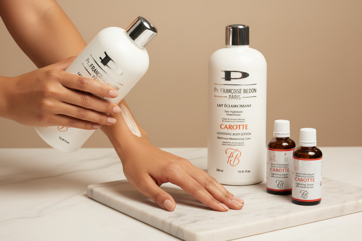 Person applying lotion from a bottle labeled 'P. D.' with additional bottles of the same brand on a marble surface.