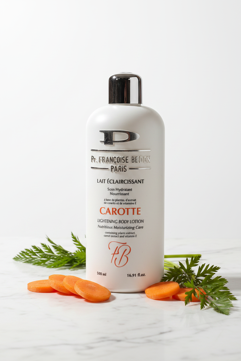 Body lotion bottle with carrots and leaves on a white background