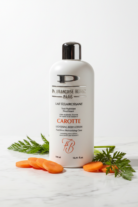 Body lotion bottle with carrots and leaves on a white background
