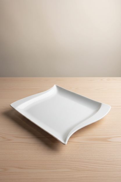 White square plate held by a person with a blurred background