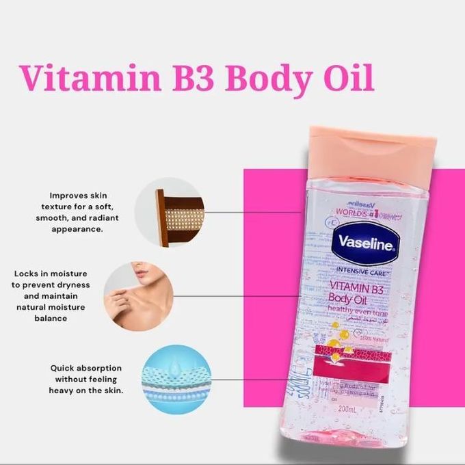 Vaseline Vitamin B3 Body Oil bottle with text on a pink and white background