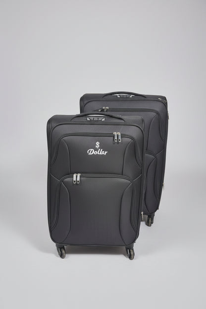 Row of gray suitcases with 'Dollar' branding in a store setting.