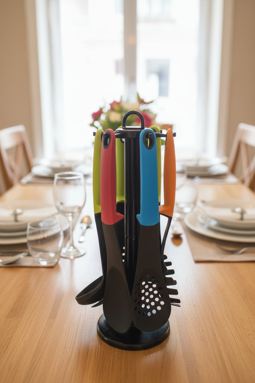 Set of colorful kitchen utensils on a stand with a blurred store background