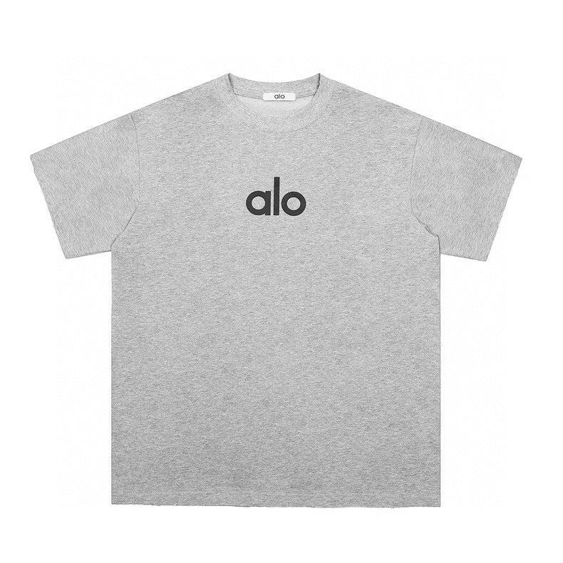 Gray t-shirt with 'alo' logo on a white background