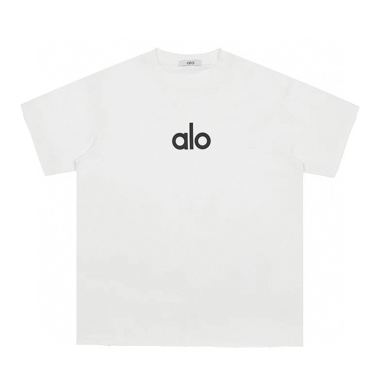 White t-shirt with 'alo' logo on a white background