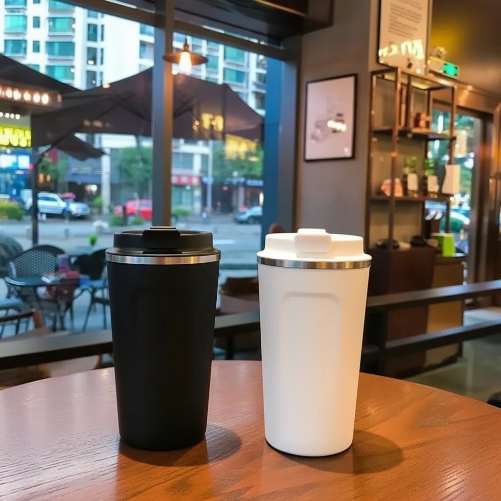 Two coffee tumblers, one black and one white with a city street background.