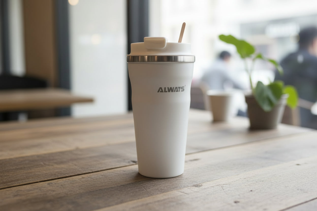 White  flask with 'ALWAYS' branding on a blurred background