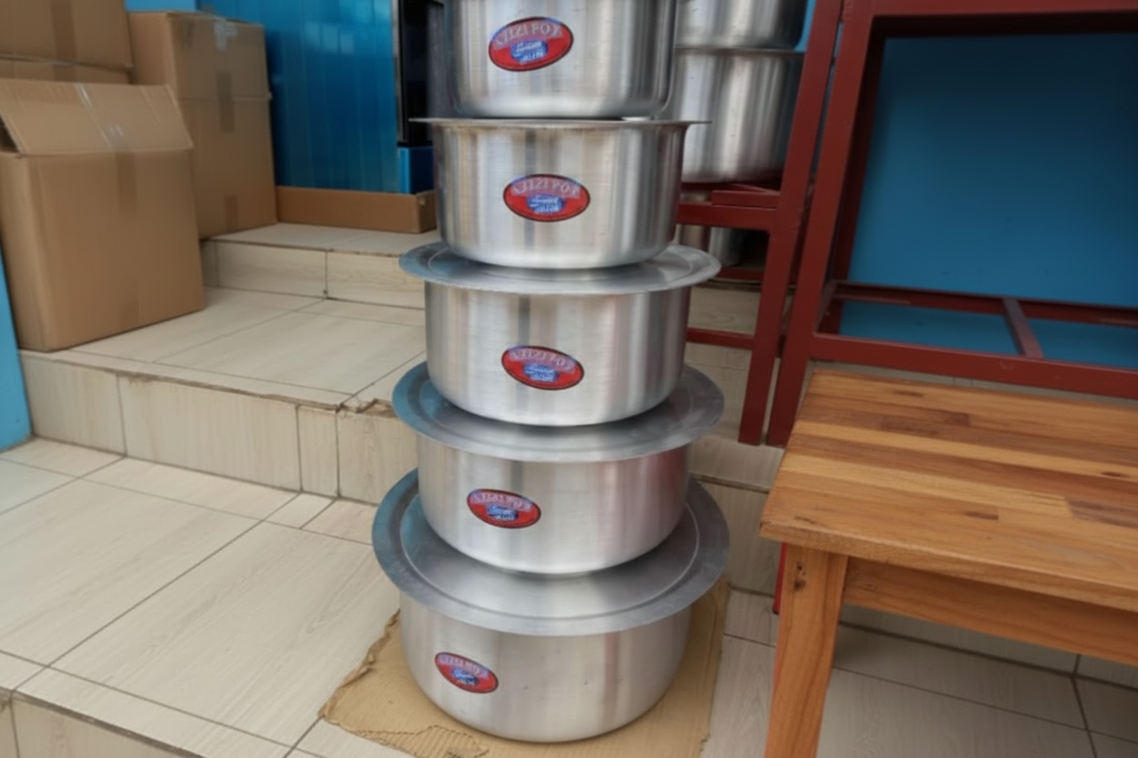 Stack of stainless steel pots with visible brand logo on a tiled floor.
