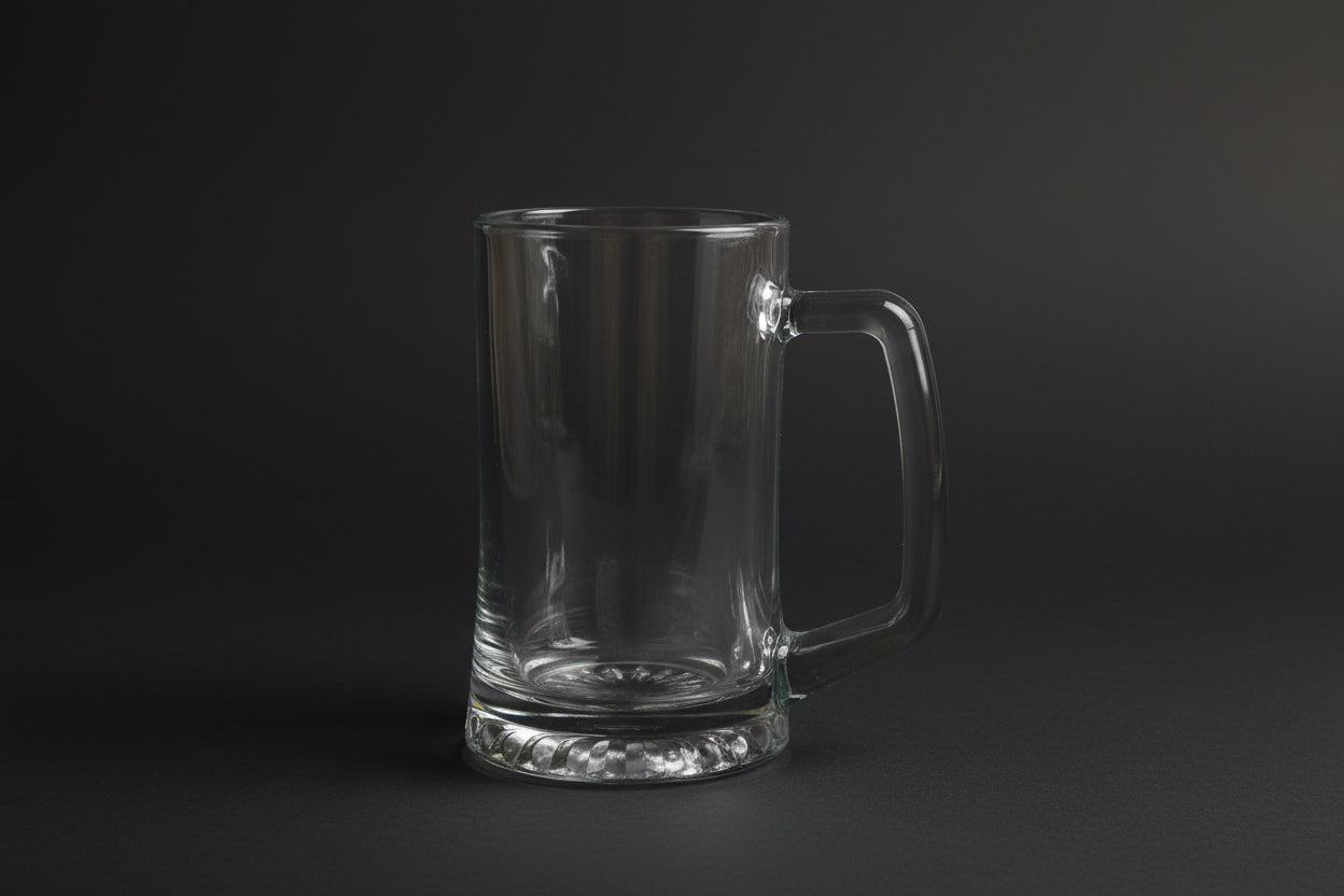 Clear glass pitcher on a red surface with shelves in the background