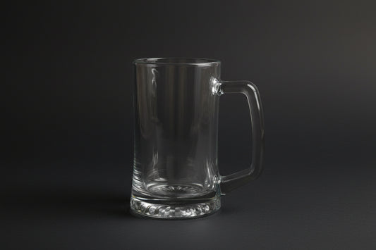 Clear glass pitcher on a red surface with shelves in the background