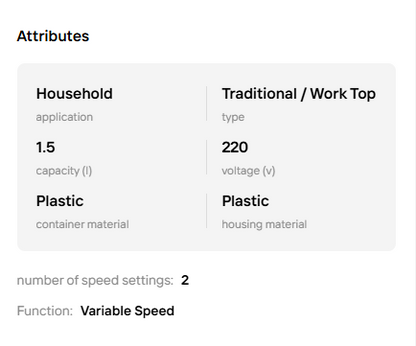 Product specifications for a kitchen appliance on a white background