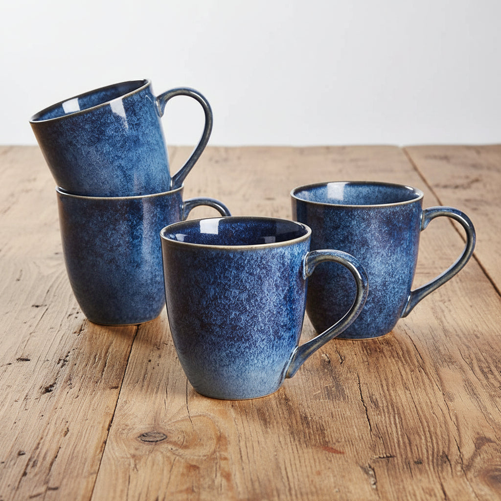 Set of blue ceramic mugs on a white background