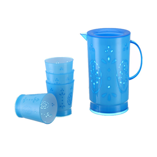 Set of blue plastic cups with a pitcher on a white background