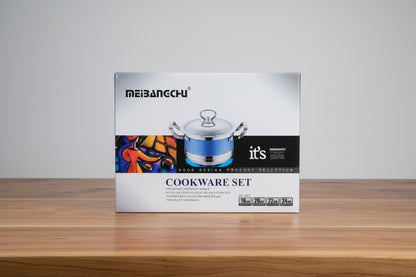 Cookware set packaging with 'Meibangchu' branding on a wooden surface