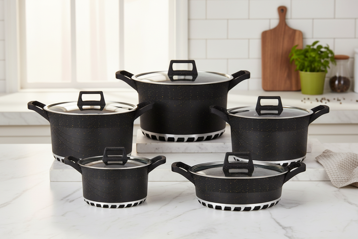 Set of black cookware pots with lids on a white background