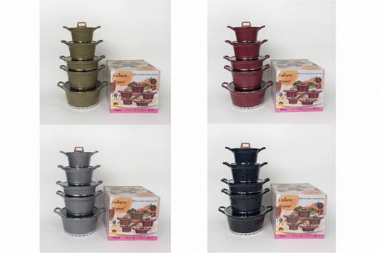 Set of stacked cookware with matching boxes on a white background