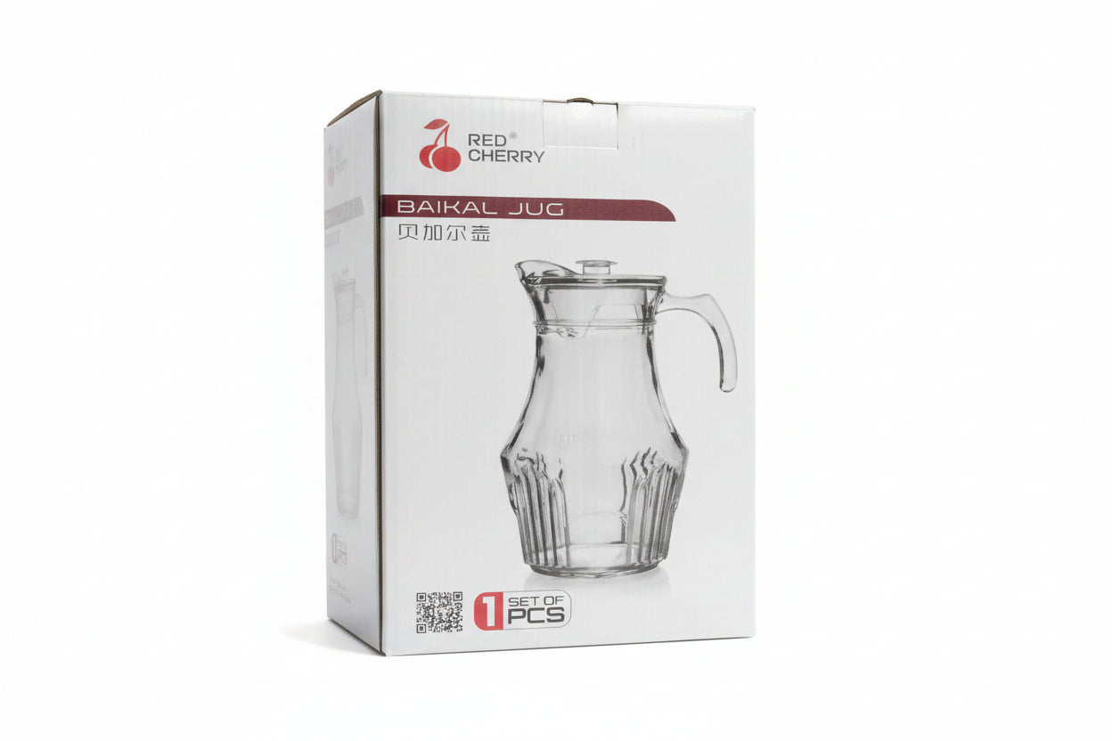 Box of a glass pitcher with 'Red Cherry' branding on a green surface.