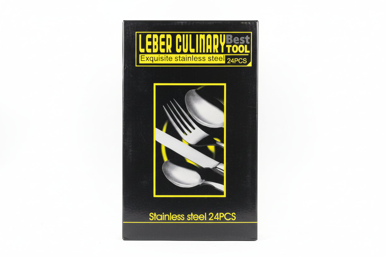 Box of Leber Culinary Tool stainless steel cutlery set on a wooden surface