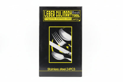 Box of Leber Culinary Tool stainless steel cutlery set on a wooden surface