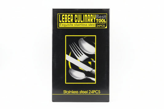 Box of Leber Culinary Tool stainless steel cutlery set on a wooden surface