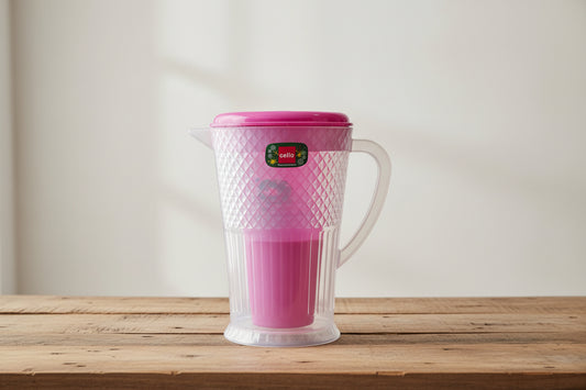 Pink and clear plastic container with a handle on a cardboard box background