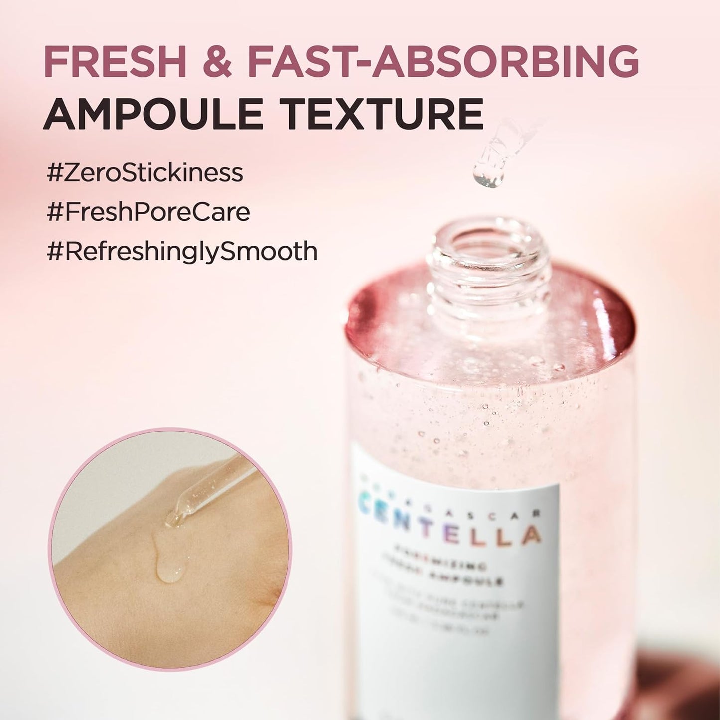Bottle of Centella Asiatica skincare product with text highlighting features on a pink background