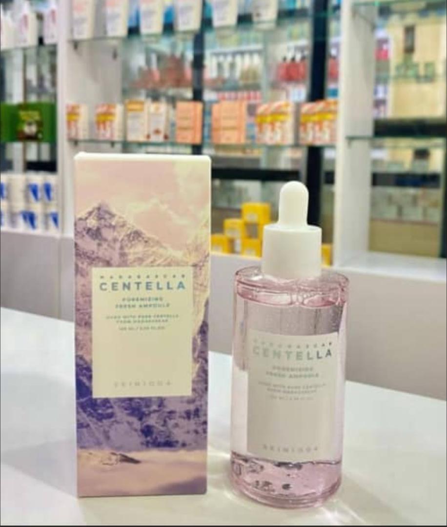 Centella product packaging and bottle on a shelf in a store