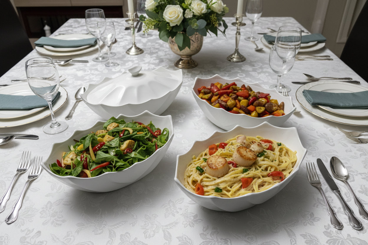 Four white ceramic bowls with lids on a tiled floor.