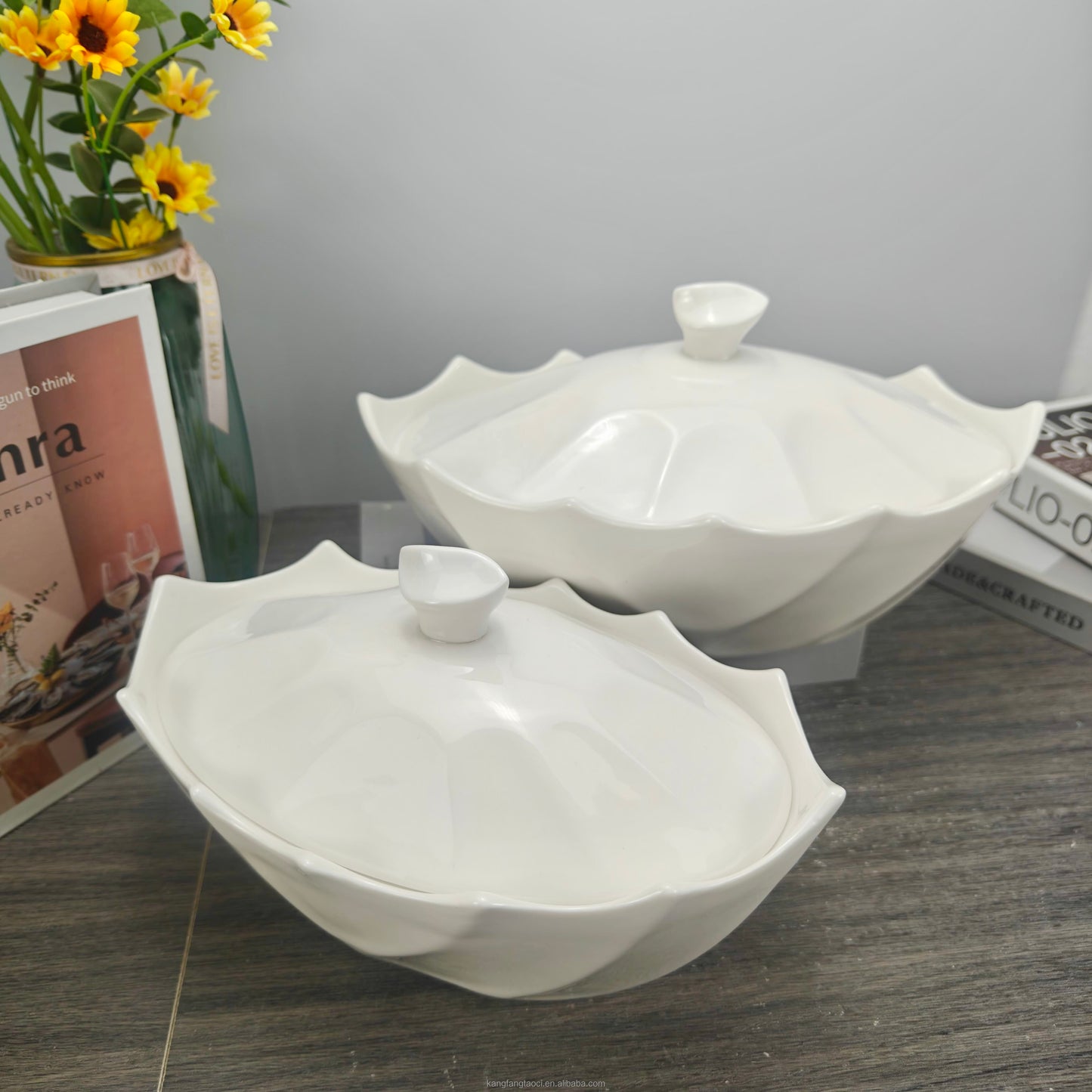 Collectible White Ceramic Serving Bowls with Lids - 4 Piece Set