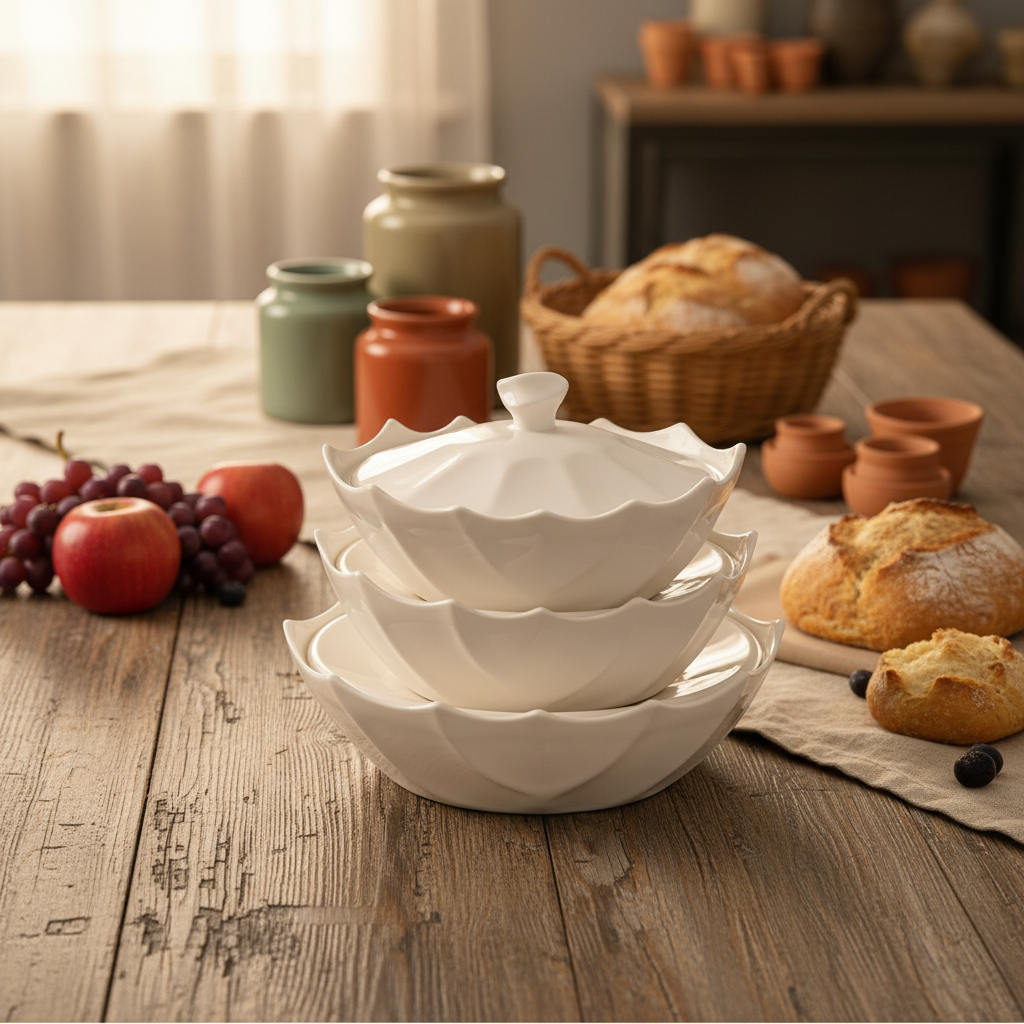 Collectible White Ceramic Serving Bowls with Lids - 4 Piece Set