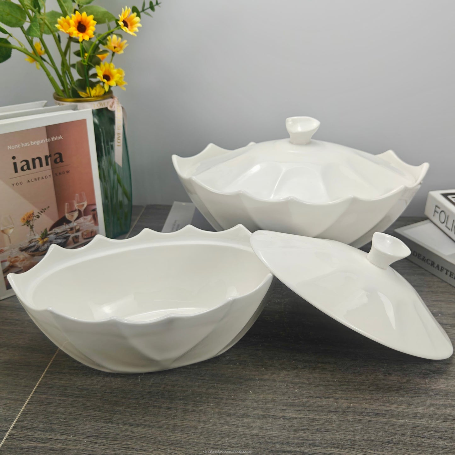 Collectible White Ceramic Serving Bowls with Lids - 4 Piece Set