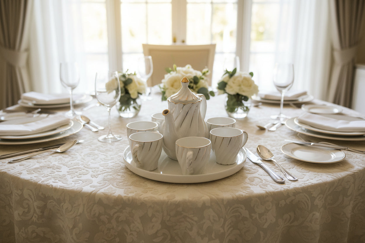 White ceramic coffee set with multiple cups and a pot on a wooden surface.