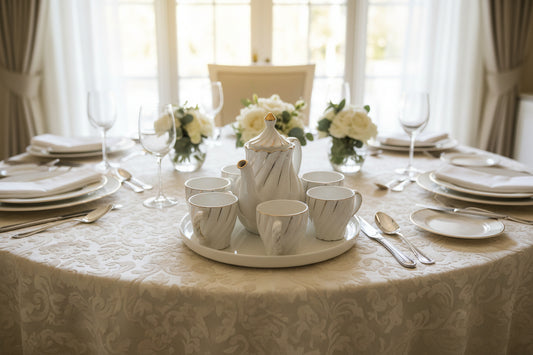 White ceramic coffee set with multiple cups and a pot on a wooden surface.