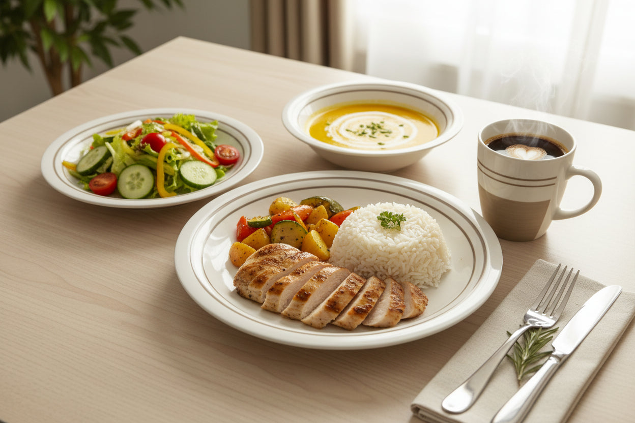Set of ceramic plates and cups on a tiled floor with food 