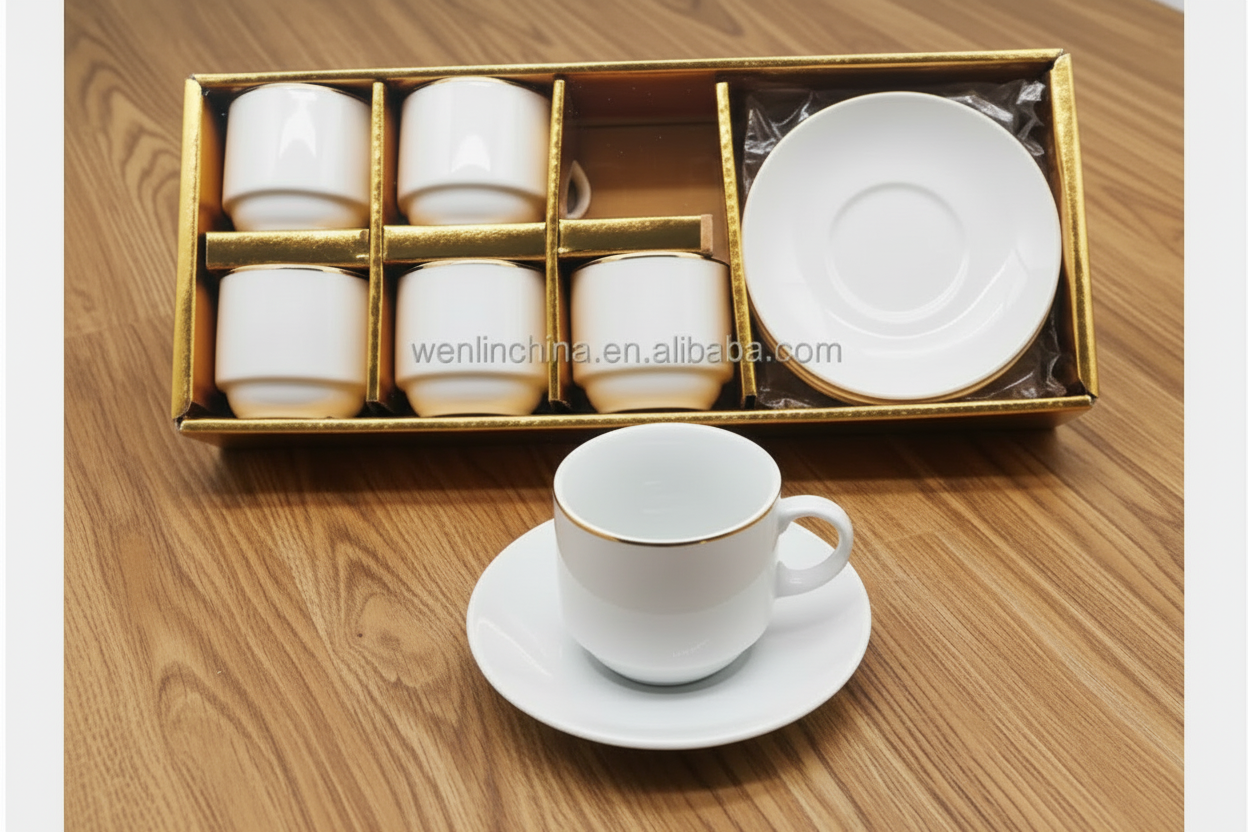 Set of white ceramic cups and saucers in a gold box on a white background