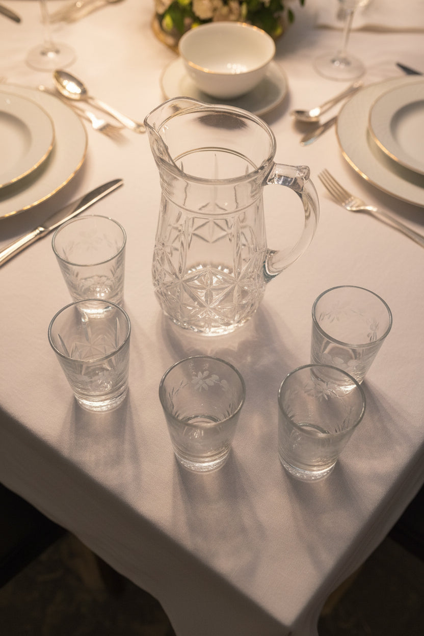 Clear plastic cups on a white surface with a blurred background