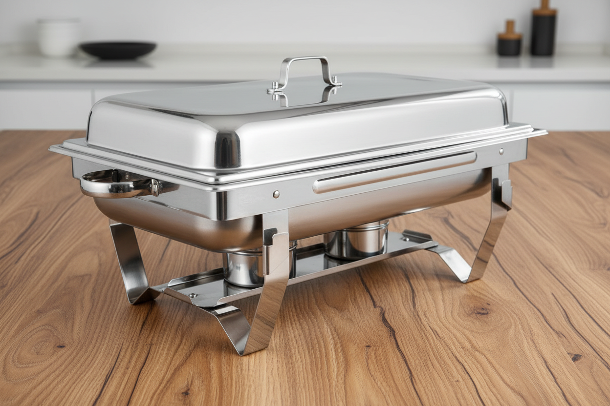 Stainless steel chafing dish on a white background
