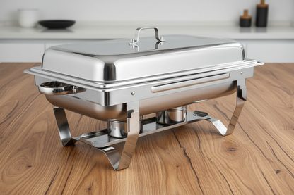 Stainless steel chafing dish on a white background