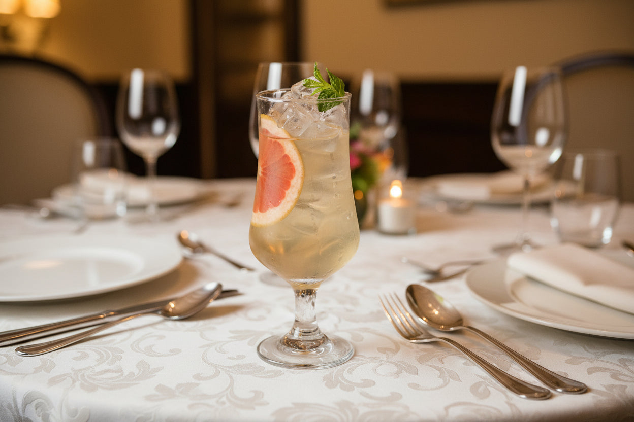 Glass of iced drink with a grapefruit slice and mint leaf on a white background